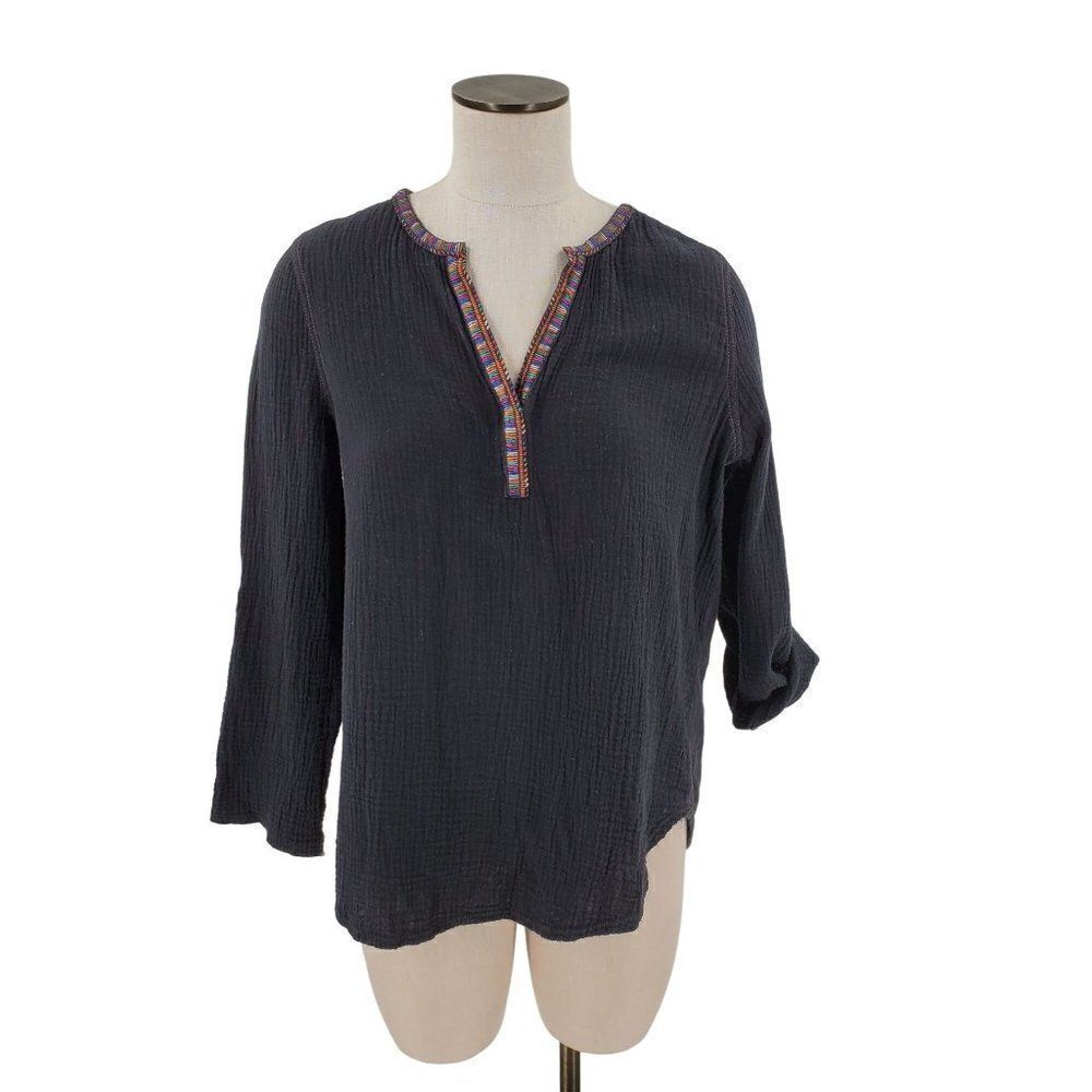 A Common Thread Top Womens Long Roll Tab Sleeve V Neck Black Size Medium